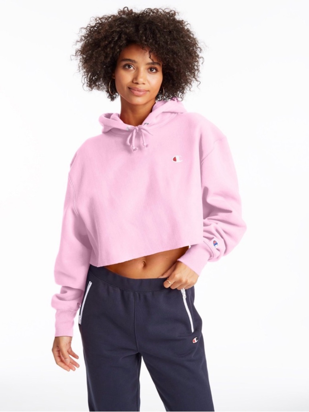 CHAMPION Pink Cropped Hoodie Sweatshirt